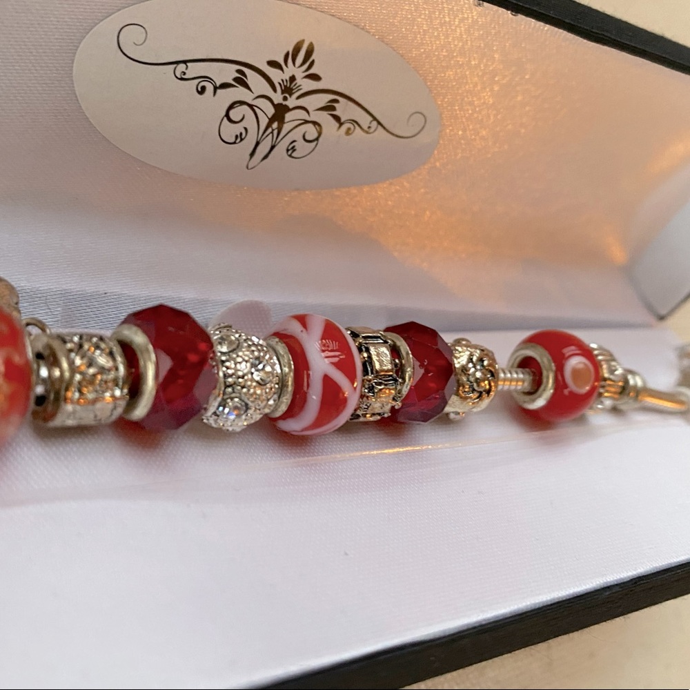 Chunky Red Glass Bead Metal Bracelet